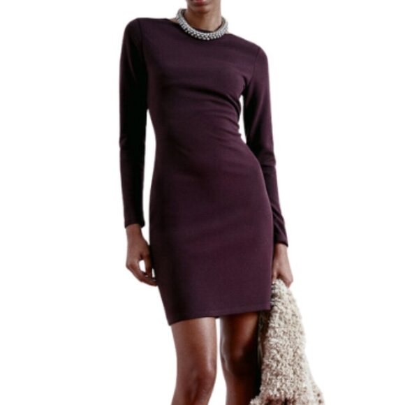 H&M Burgundy Cut-out Soft Jersey Round Neck Mini Dress Partly Lined Sz Large - Picture 1 of 9